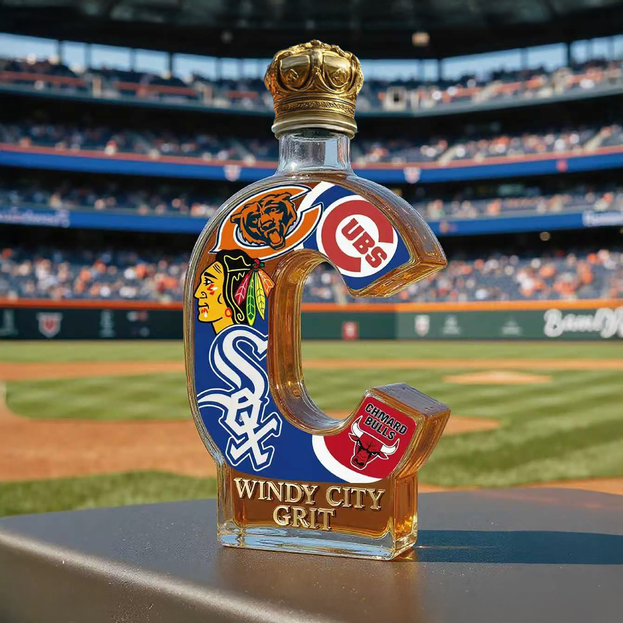 Chicago Sports Fans Windy City Grit Whiskey Bottle
