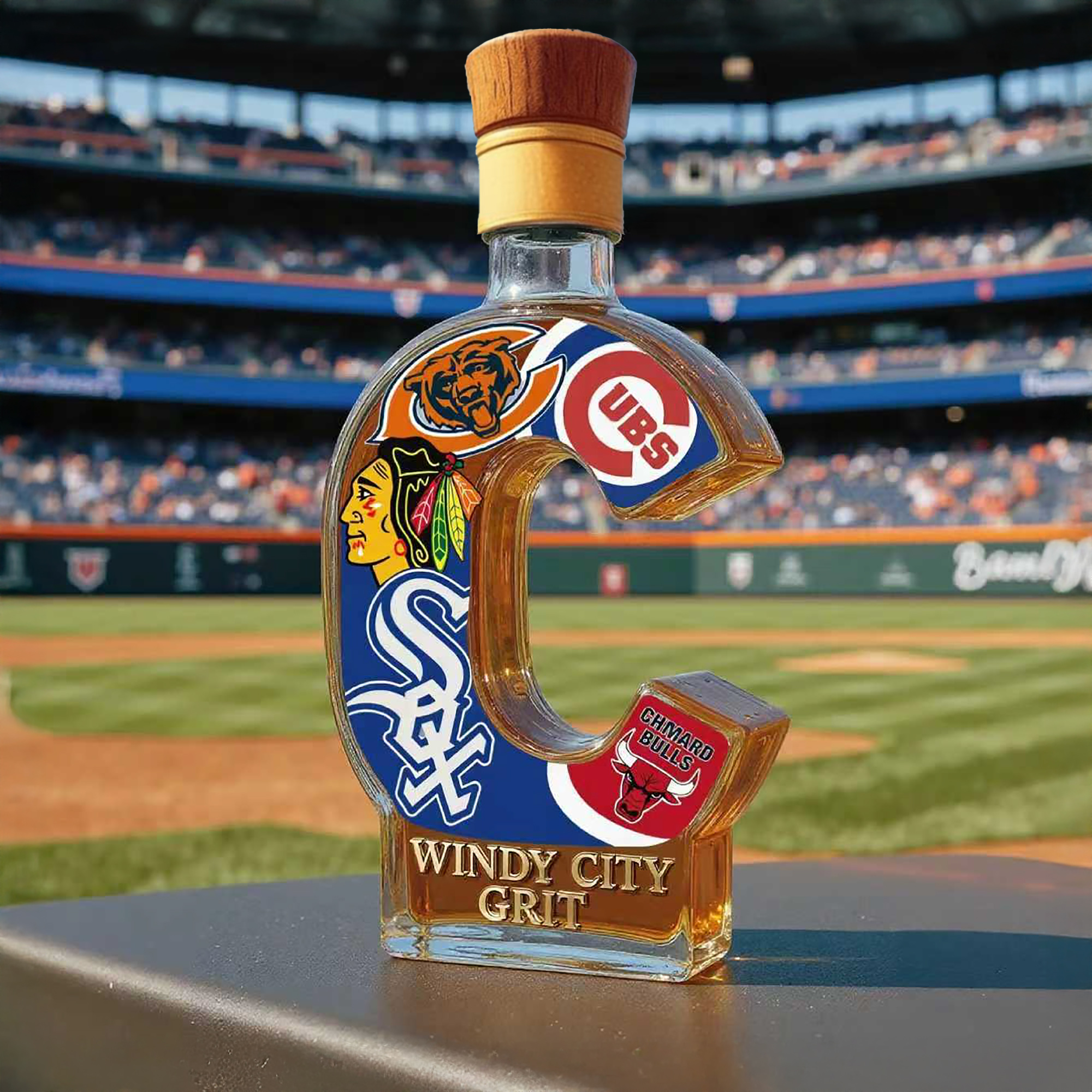 Chicago Sports Fans Windy City Grit Whiskey Bottle