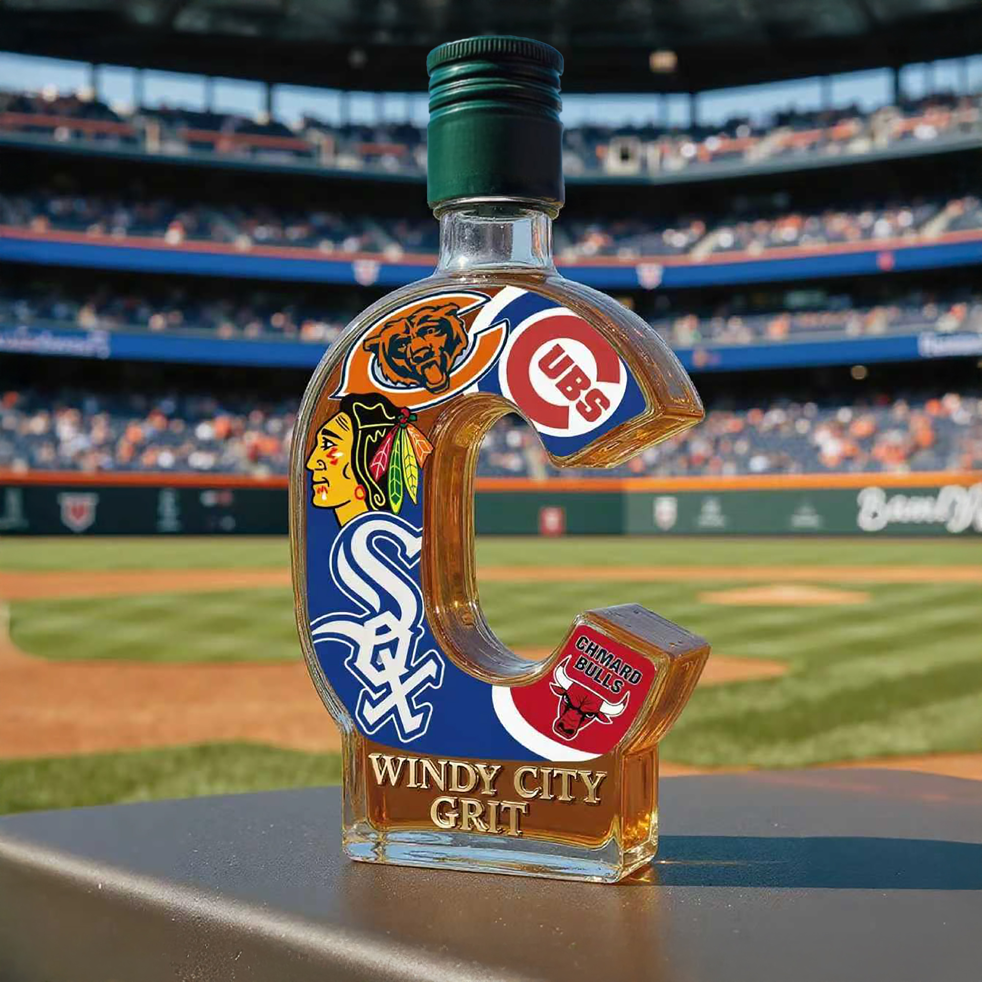 Chicago Sports Fans Windy City Grit Whiskey Bottle