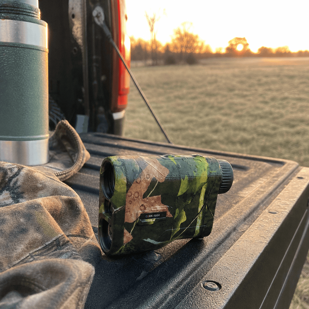 Weather-resistant camouflage rangefinder beside outdoor gear