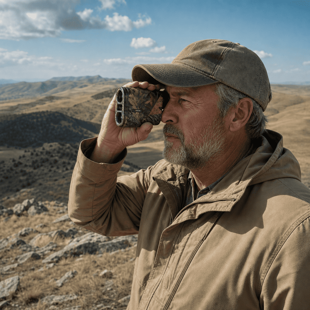 Outdoor user viewing distant terrain through compact rangefinder