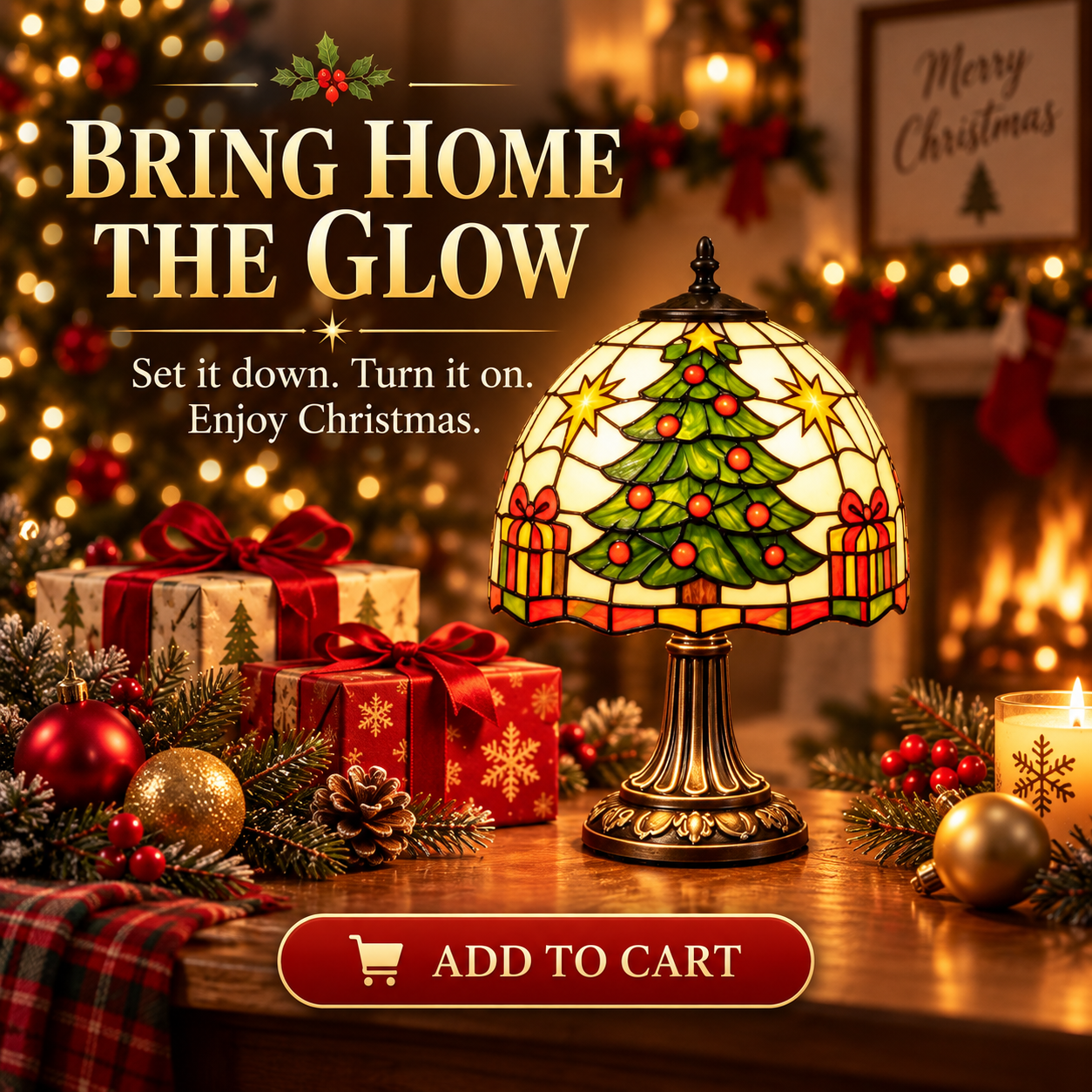 Vintage Christmas Tree Stained-Glass Style Table Lamp