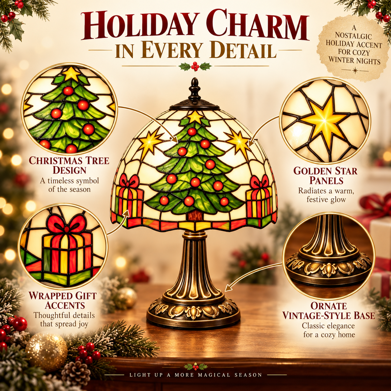 Vintage Christmas Tree Stained-Glass Style Table Lamp