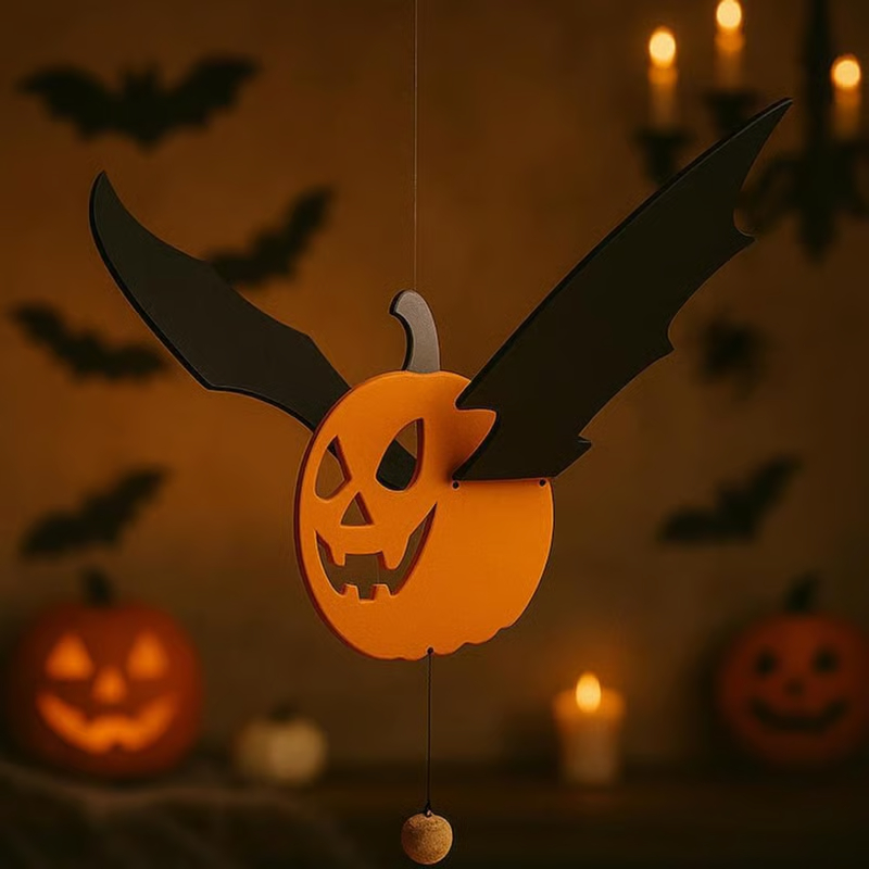 🎃 Flying Pumpkin Bat – Hanging Wooden Halloween