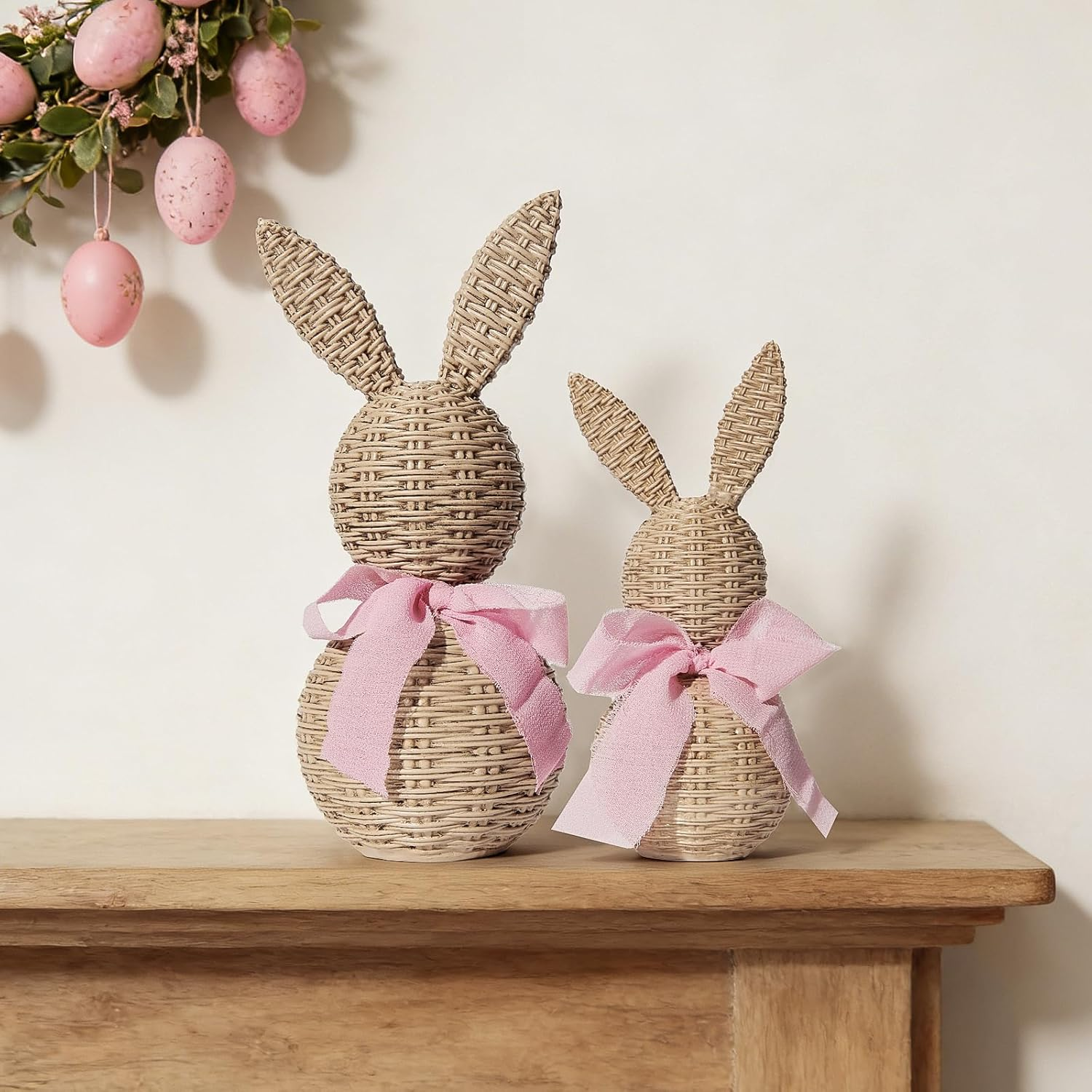 2Pcs Faux Wicker Easter Bunny Figurines
