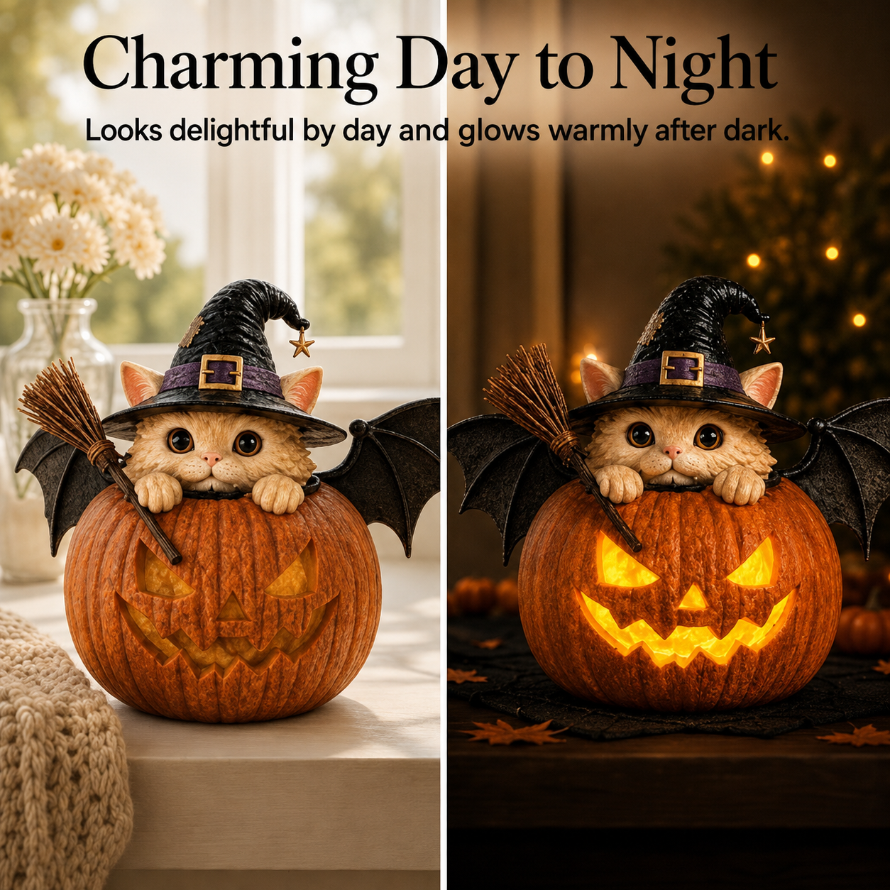 Cute Spooky Lighted Witch Cat Pumpkin Decor