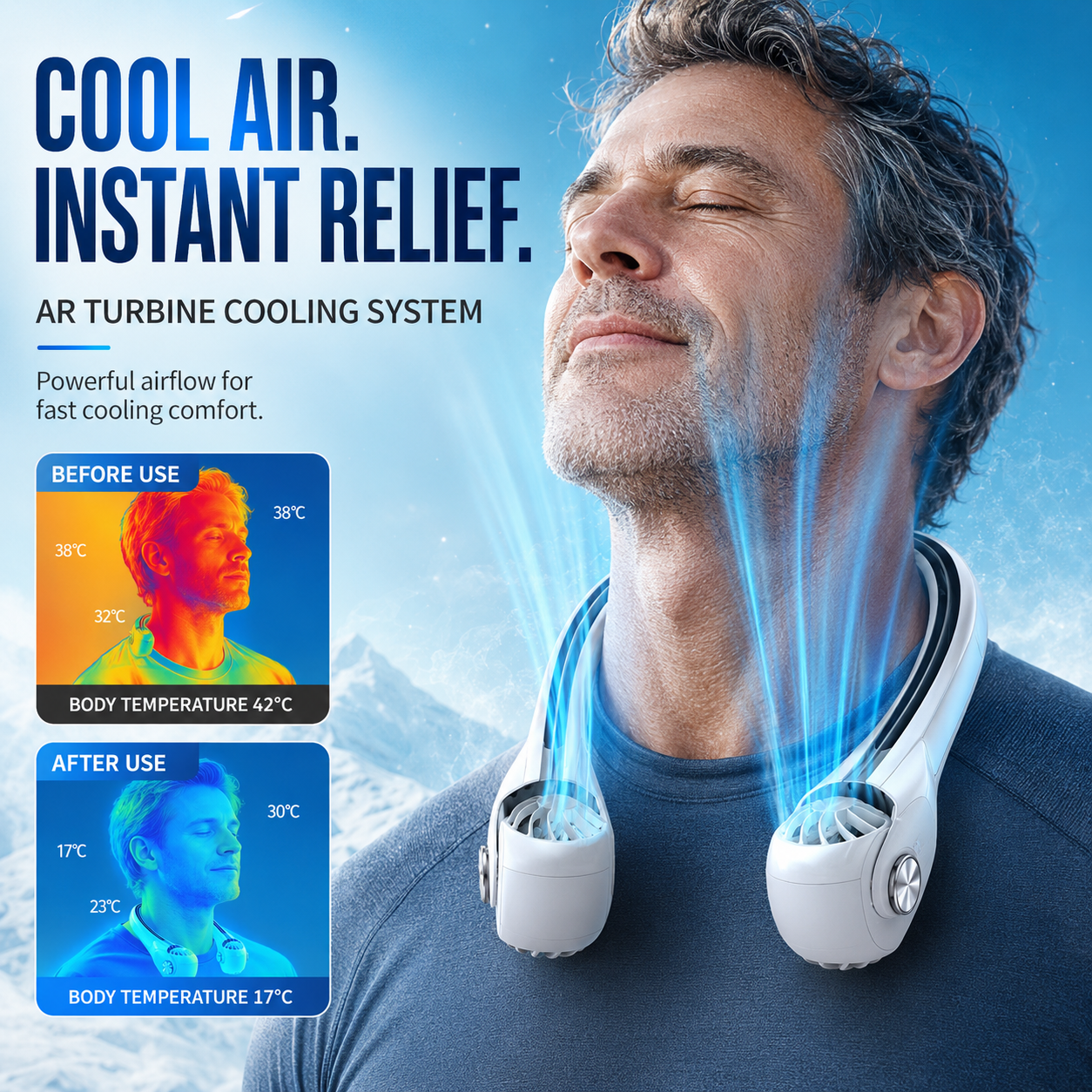 Fast Cooling AR Turbine Neck Fan, Bladeless Design with 3 Speeds