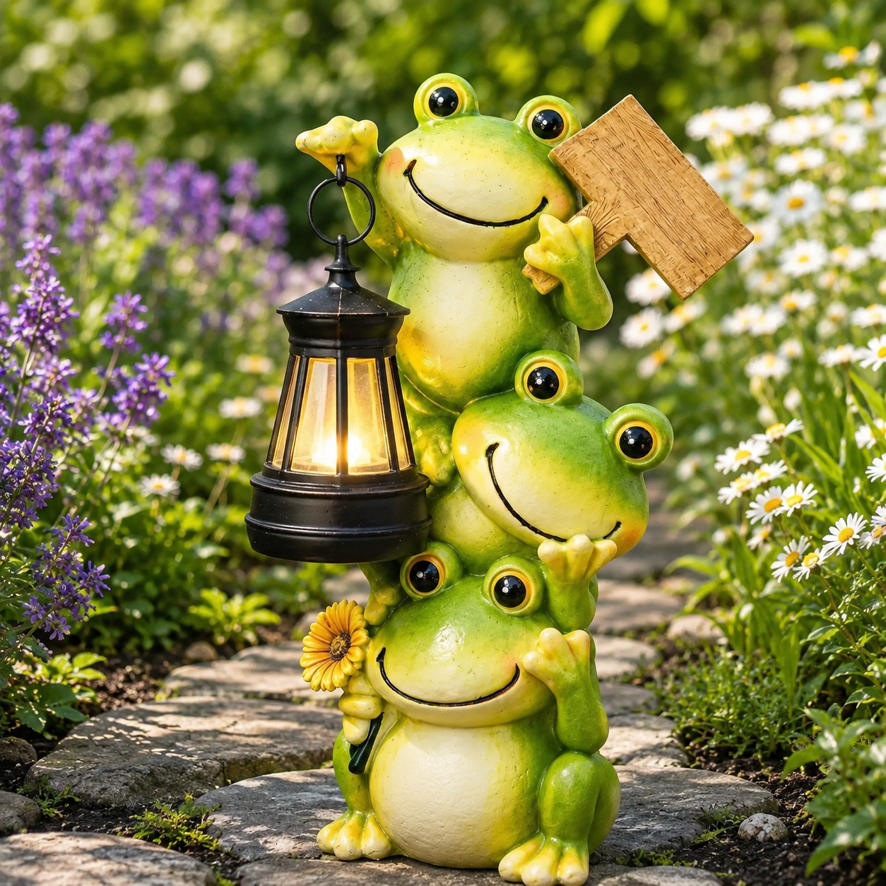 Stacked Frogs Solar Garden Statue with Lantern Light