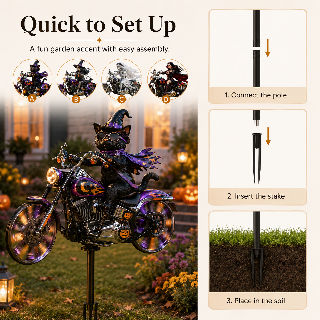 Spooky Motorcycle Garden Stake – Eye-Catching Halloween Yard Décor in 4 Character Styles