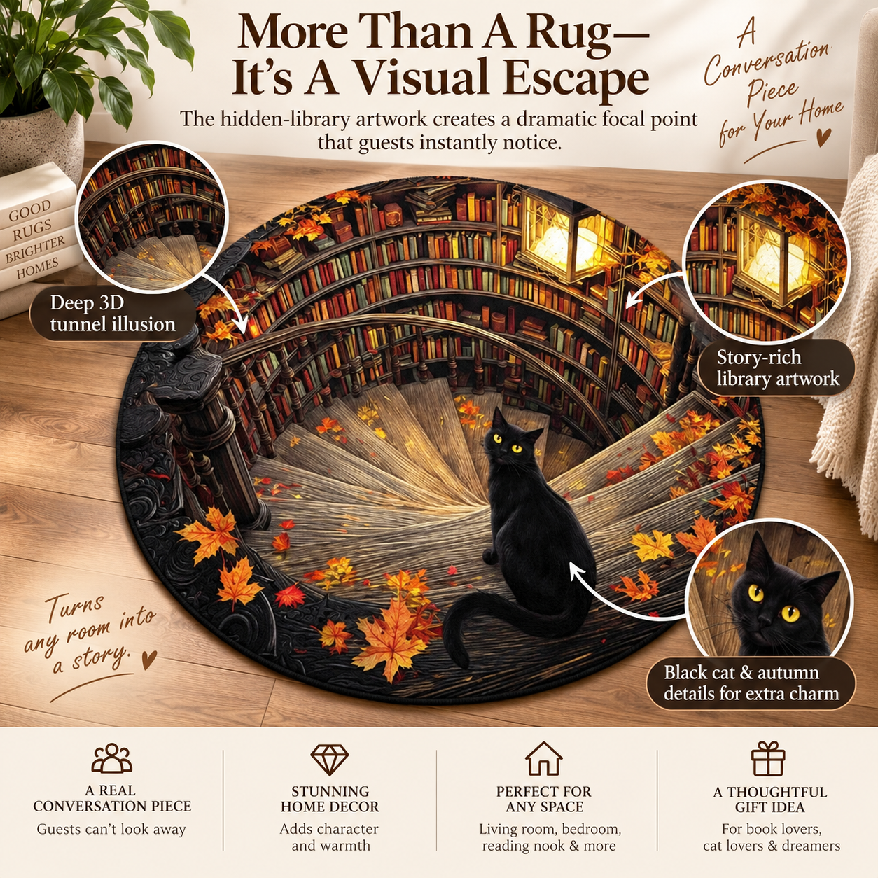 3D Black Cat Secret Library Illusion Rug