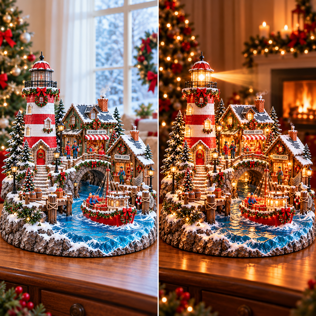 🎄 Lighted Christmas Lighthouse Village – Coastal Holiday Harbor Tabletop Decoration