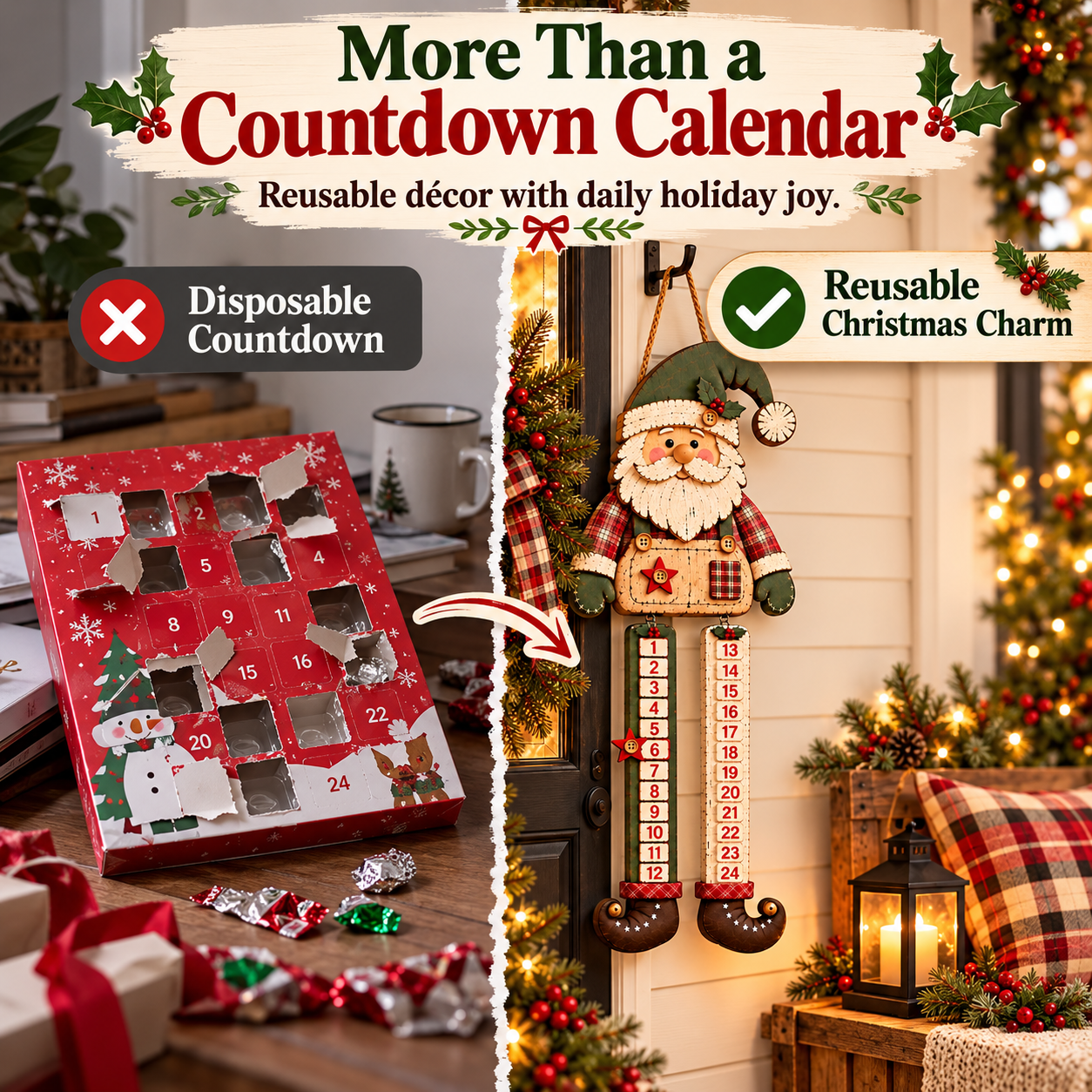 Rustic Wooden Santa Christmas Countdown Calendar