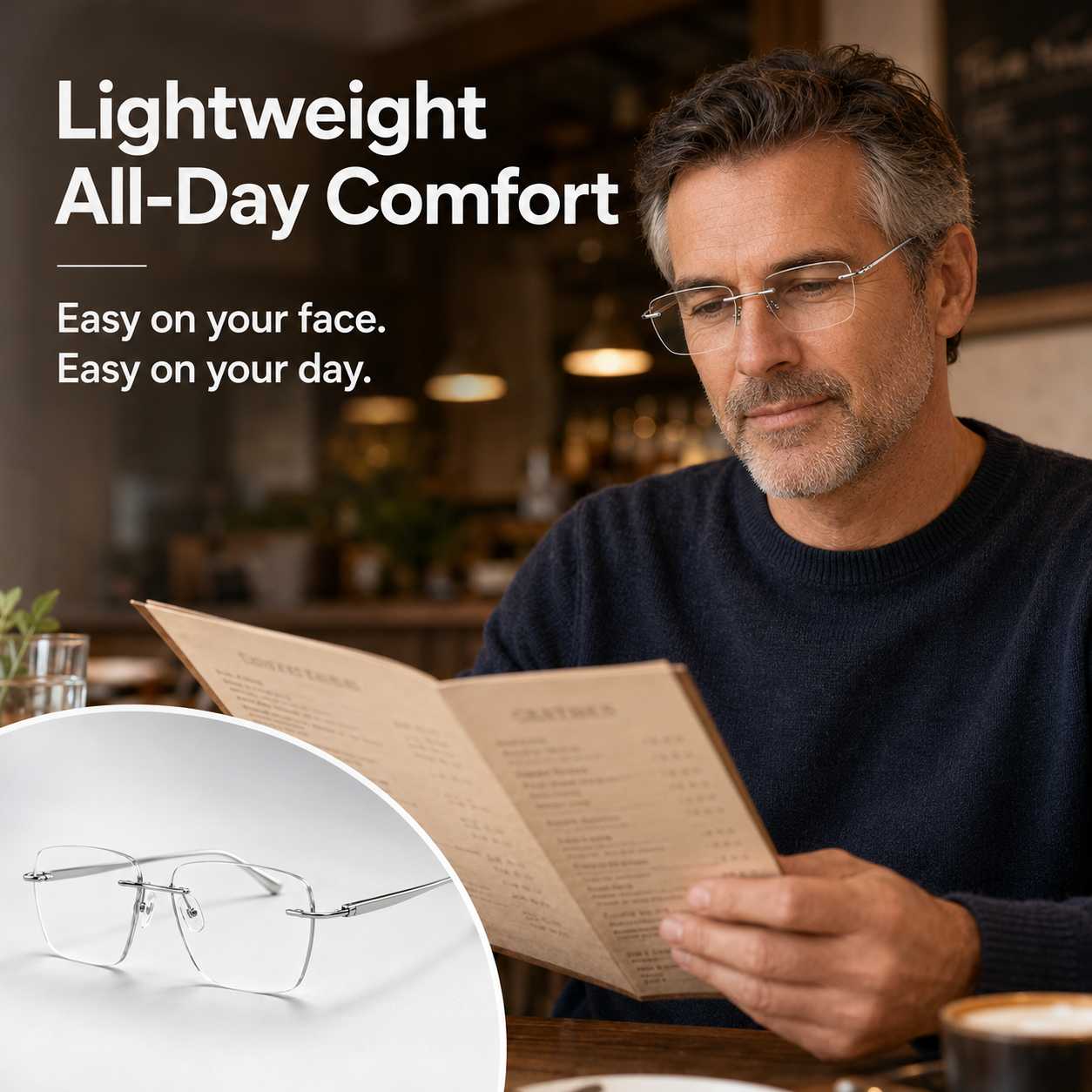 2-in-1 Photochromic Rimless Reading Glasses – UV400, Blue-Light Filtering & Low-Distortion Clarity