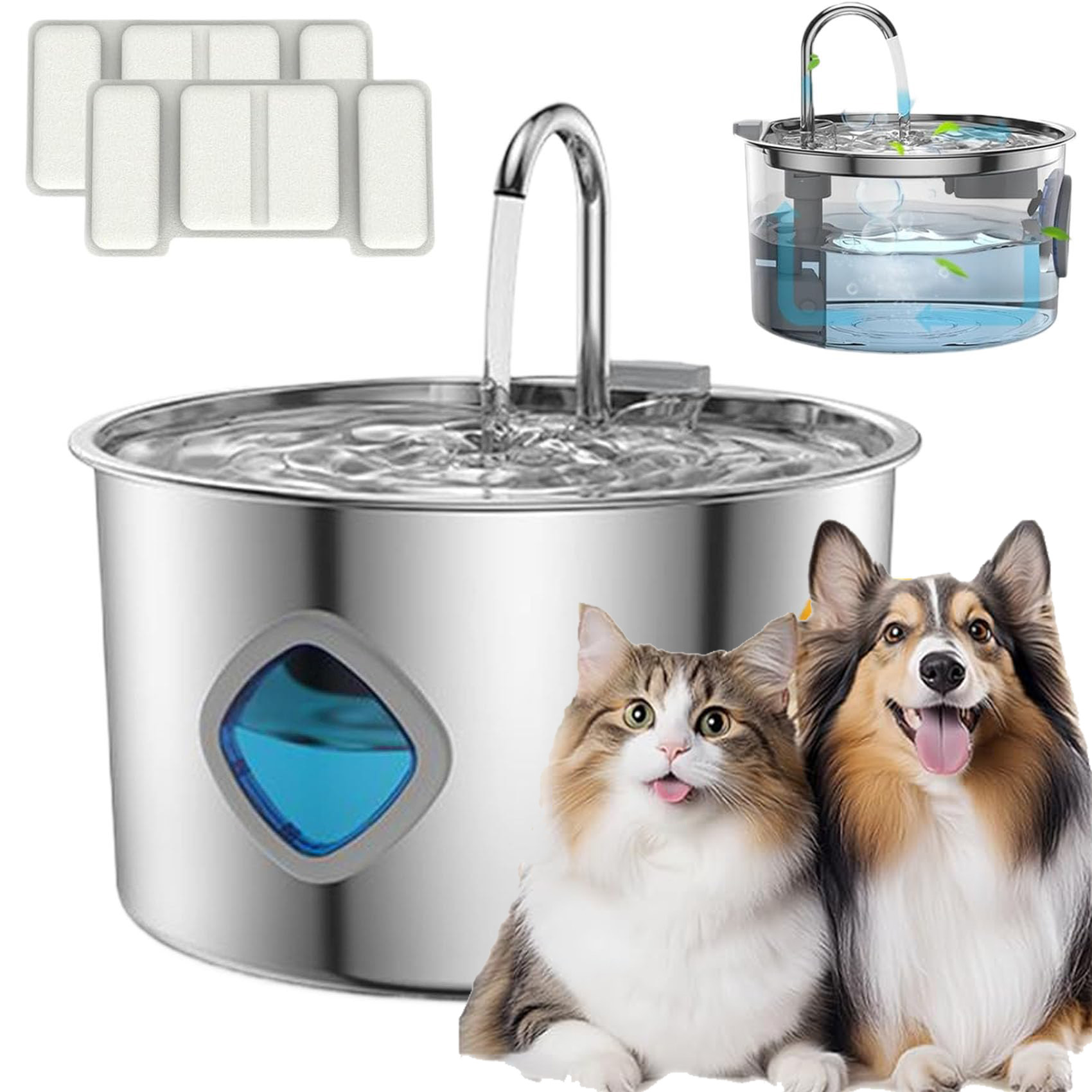 Stainless Steel Water Fountain for Cats & Dogs with Visual Water Level