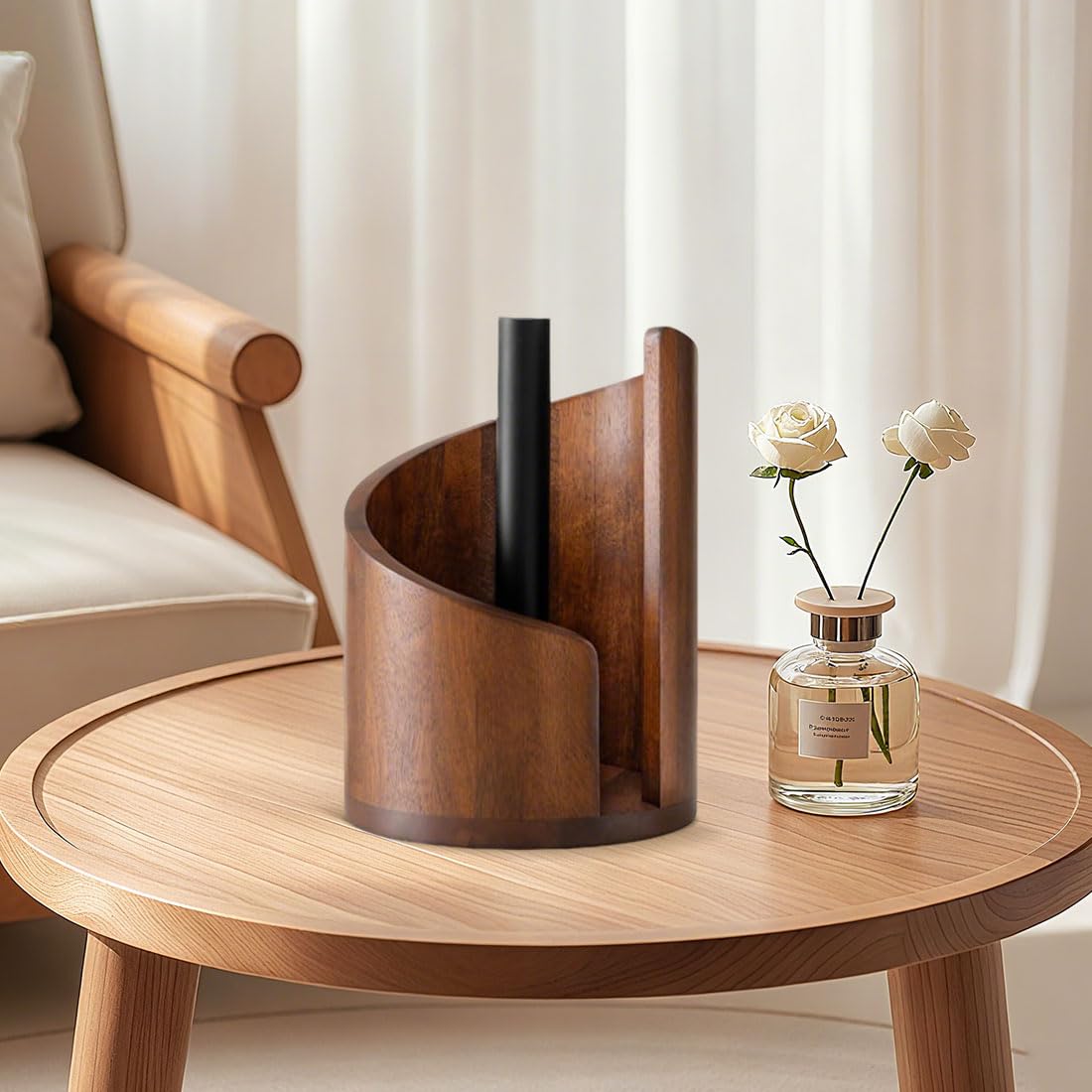 Mountain Paper Towel Holder Countertop with Mango Wood Round Base and Iron Holder