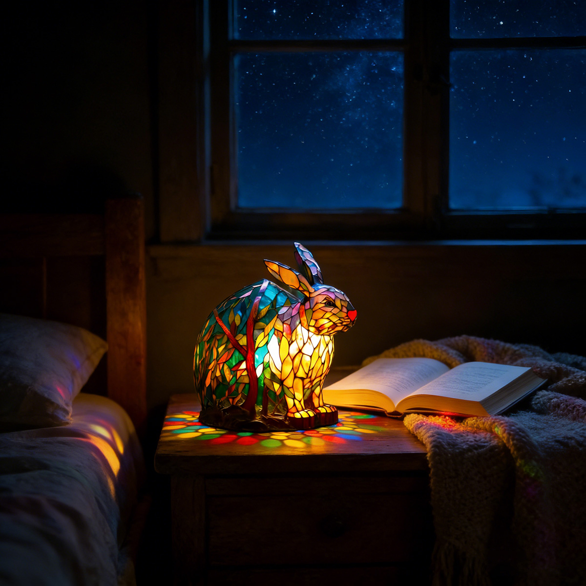 Tiffany Stained Glass Style Forest Bunny Lamp