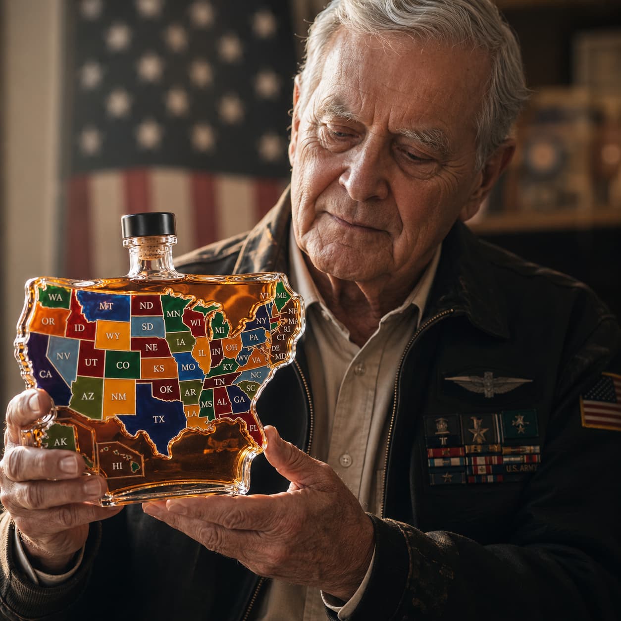 USA Map Whiskey Bottle – 50 States Patriotic Decanter | Unique Gift & Bar Decor