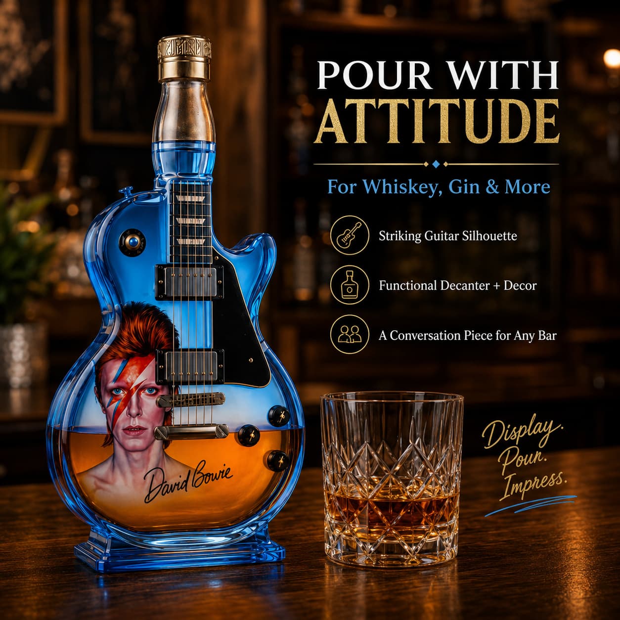 🎸Electric Guitar-Shaped Glass Decanter – Ice-Blue Borosilicate Crystal Art Bottle with Stand