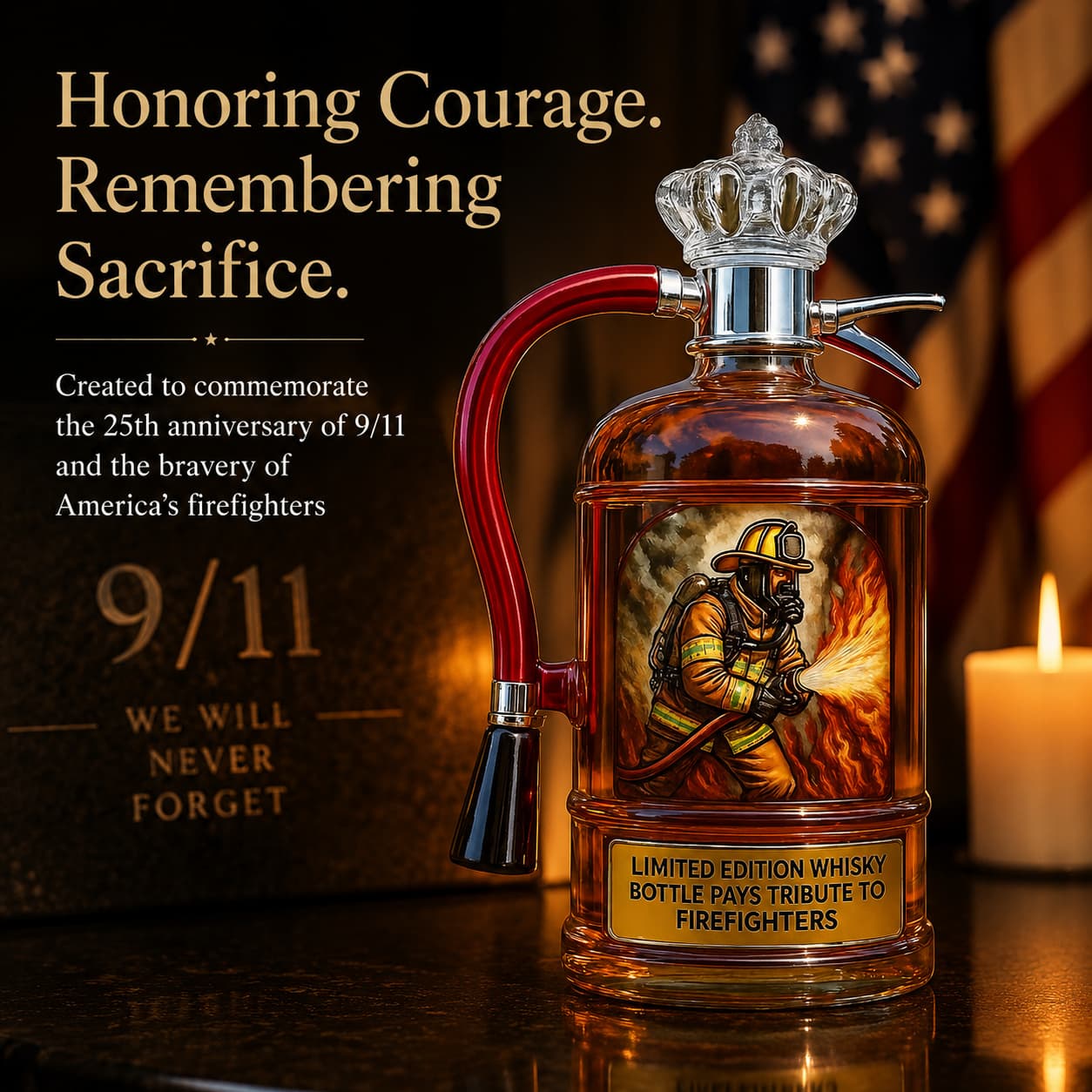 9/11 25th Anniversary Commemorative Firefighter Tribute Whiskey Decanter