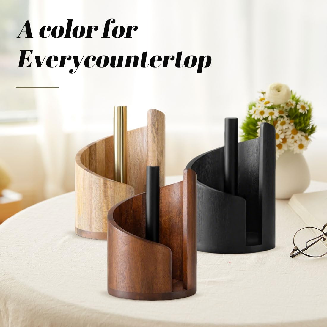Mountain Paper Towel Holder Countertop with Mango Wood Round Base and Iron Holder