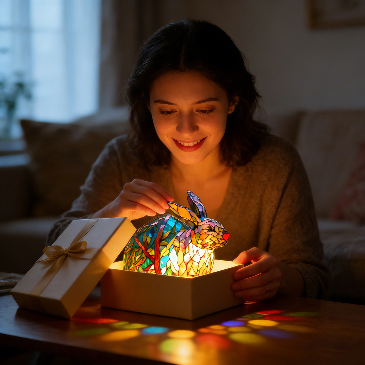 Tiffany Stained Glass Style Forest Bunny Lamp
