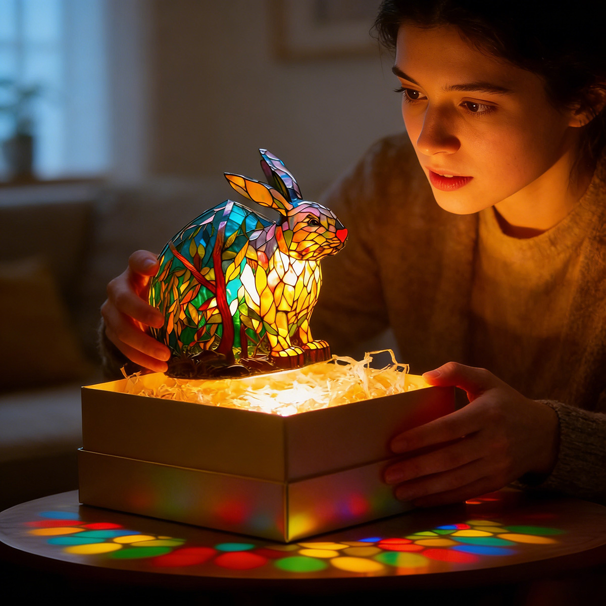 Tiffany Stained Glass Style Forest Bunny Lamp