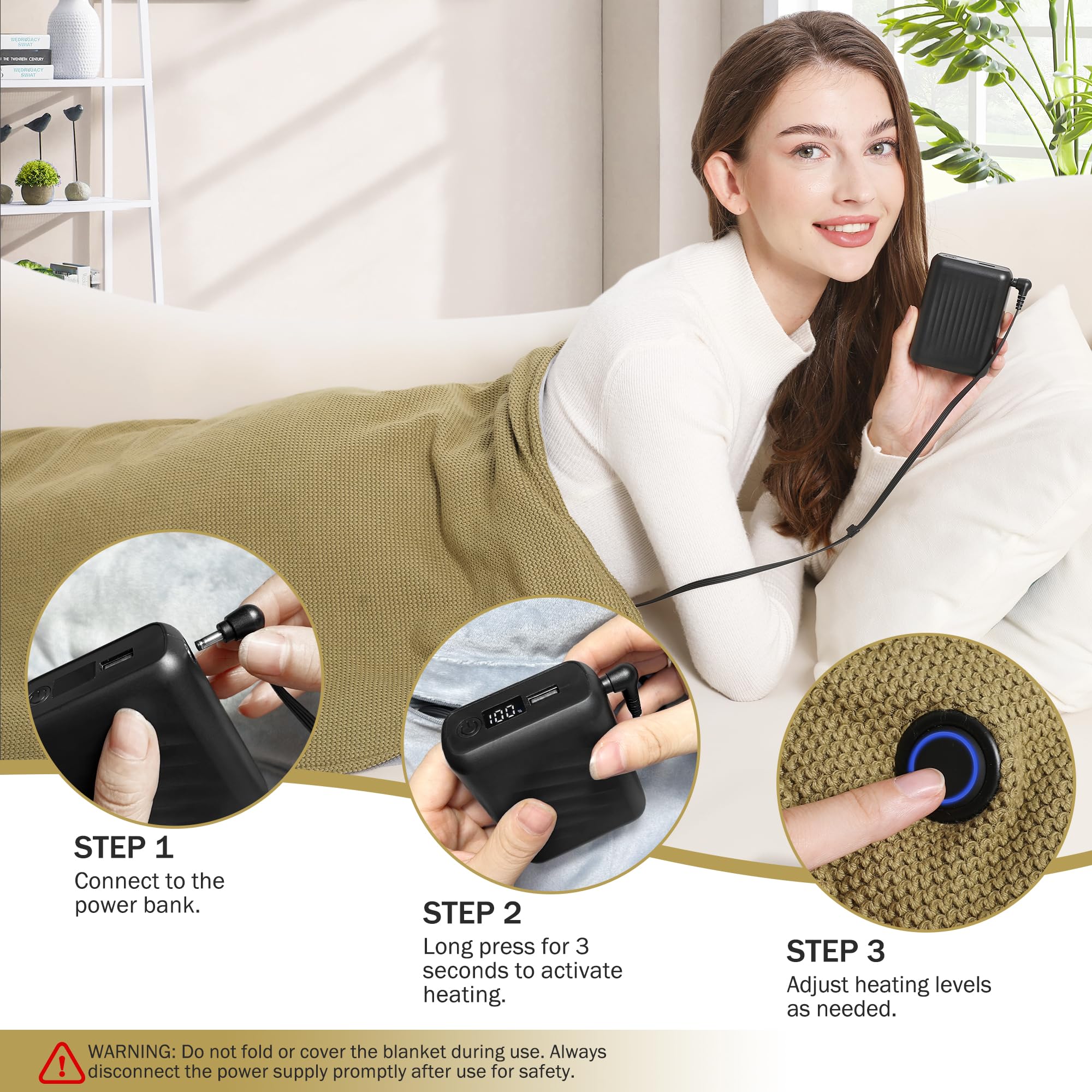 Portable Soft Zipper Electric Heated Blanket Shawl