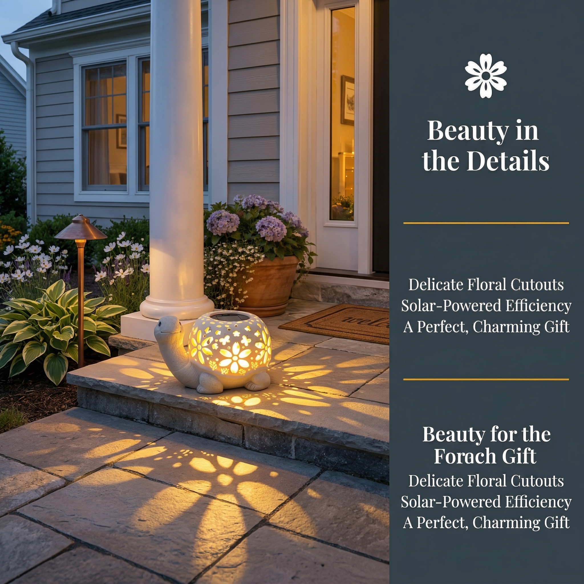 Turtle Glow Solar Garden Lantern With Floral Cutout Shell