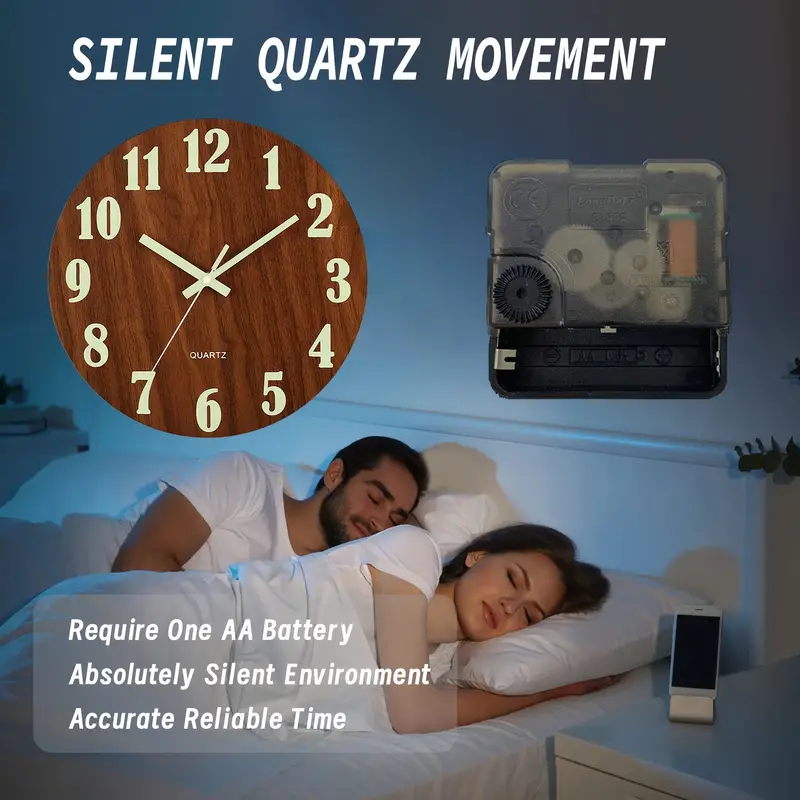 12-Inch Glow-in-the-Dark Sillent Wooden Wall Clock