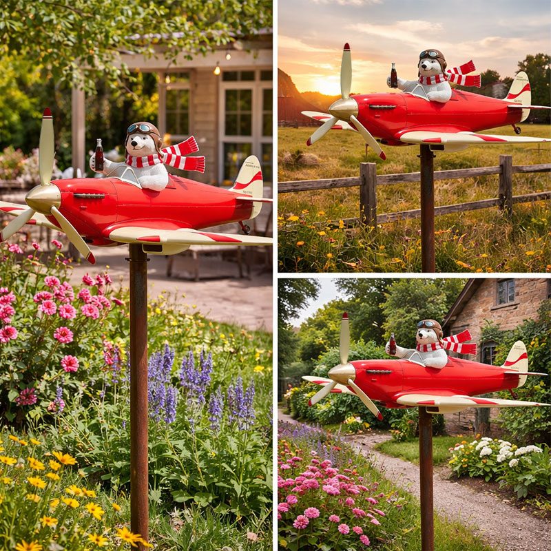 🐻✈️ Polar Bear Pilot Airplane Wind Spinner – Whimsical Garden Decor ✨