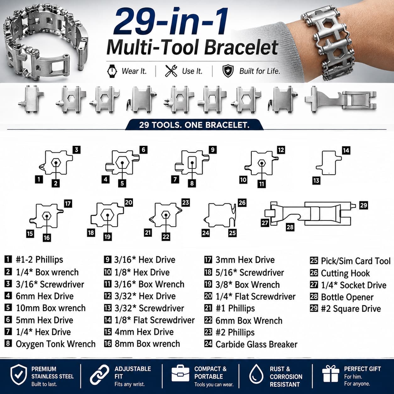Multitool Bracelet 29-in-1 Stainless Steel EDC Tool