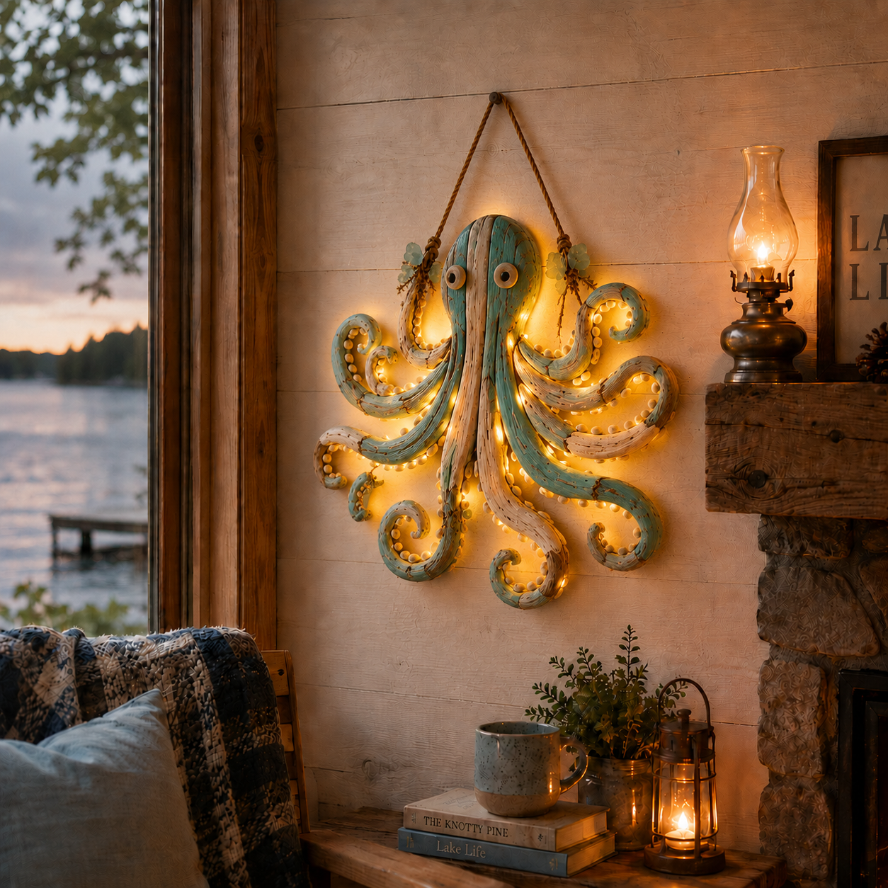 Octopus coastal wall decor, lighted style (warm lights)