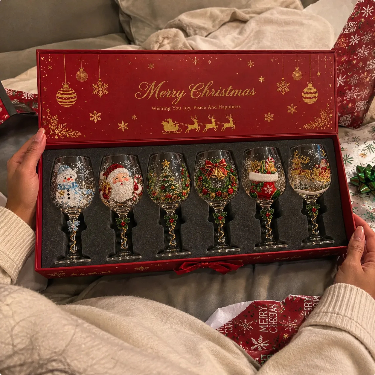 🎄 Christmas Wine Glass Set 🎁 Festive Gift Box Collection