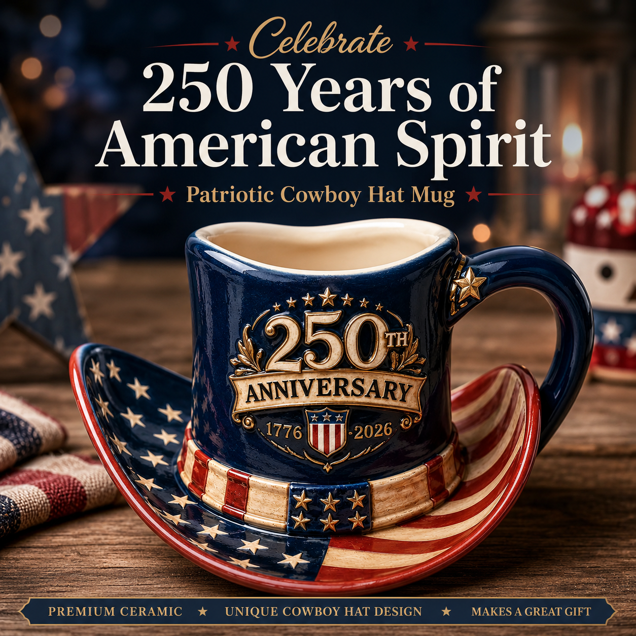 America 250th Anniversary Patriotic Cowboy Hat Mug
