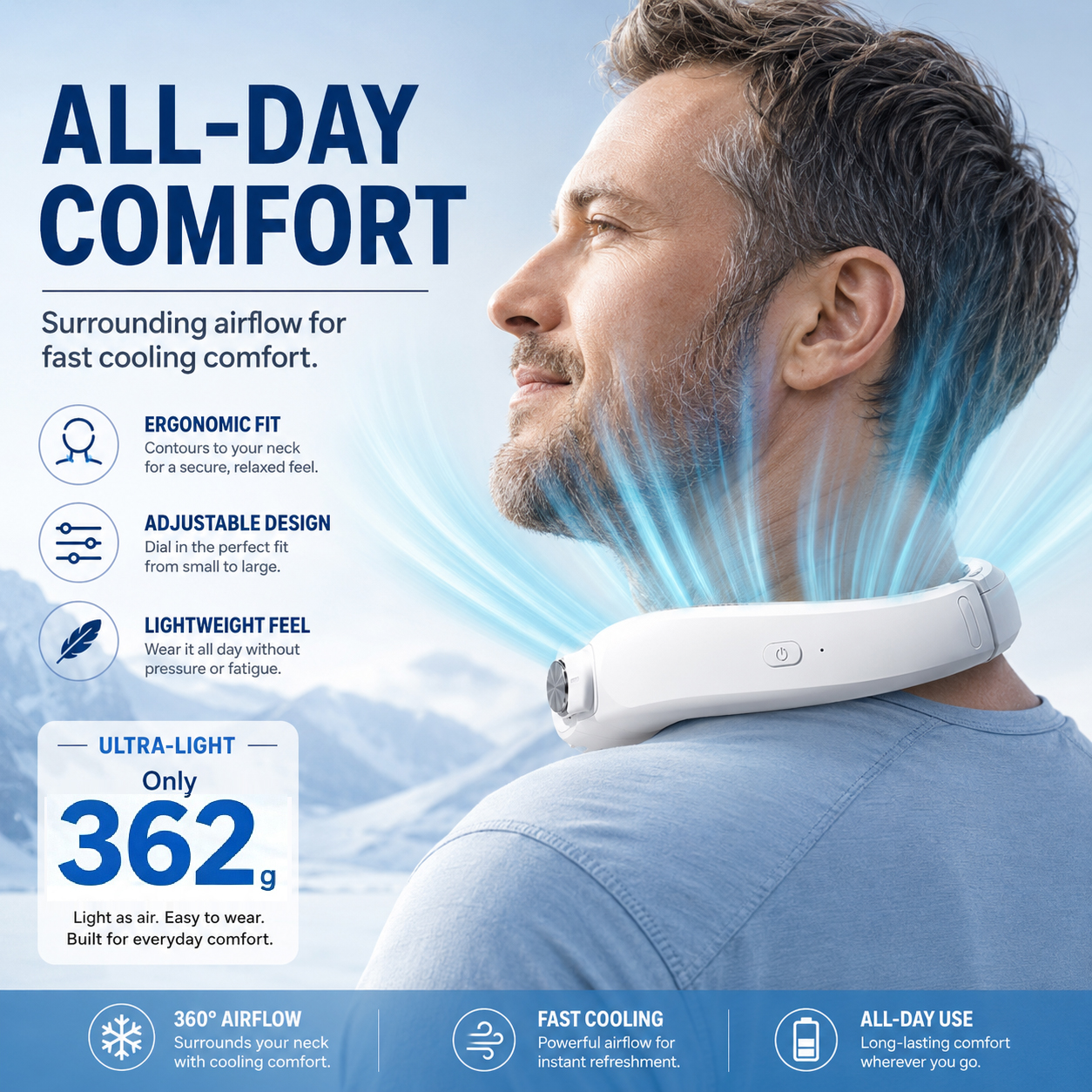 Fast Cooling AR Turbine Neck Fan, Bladeless Design with 3 Speeds