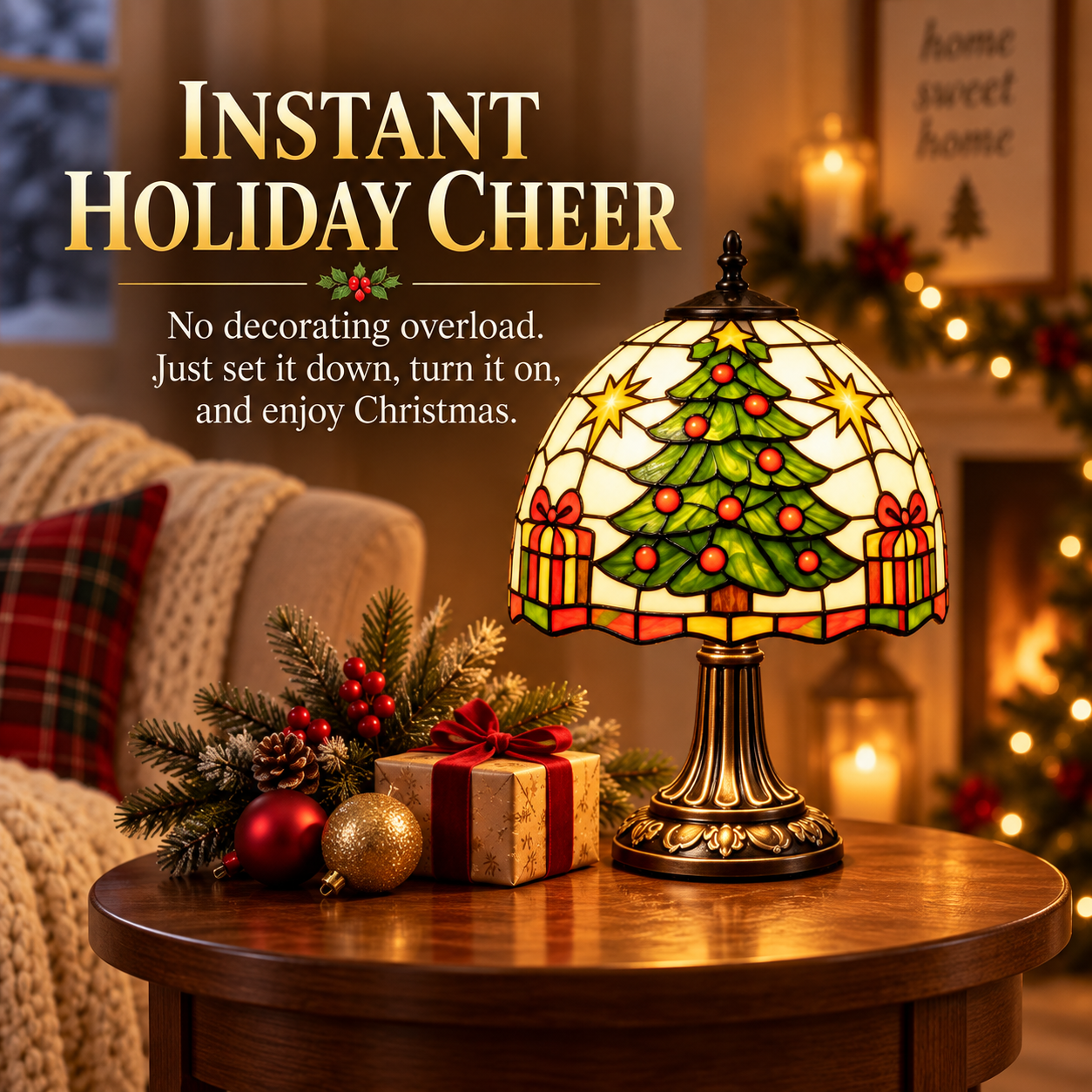 Vintage Christmas Tree Stained-Glass Style Table Lamp