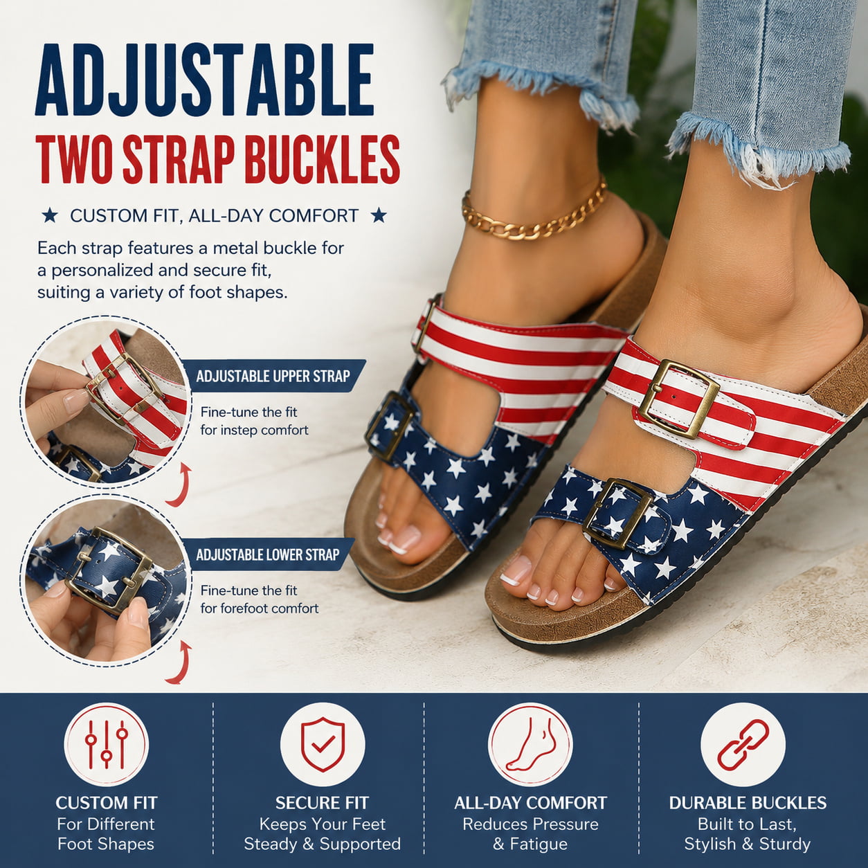American Flag Two‑Strap Cork Sandals