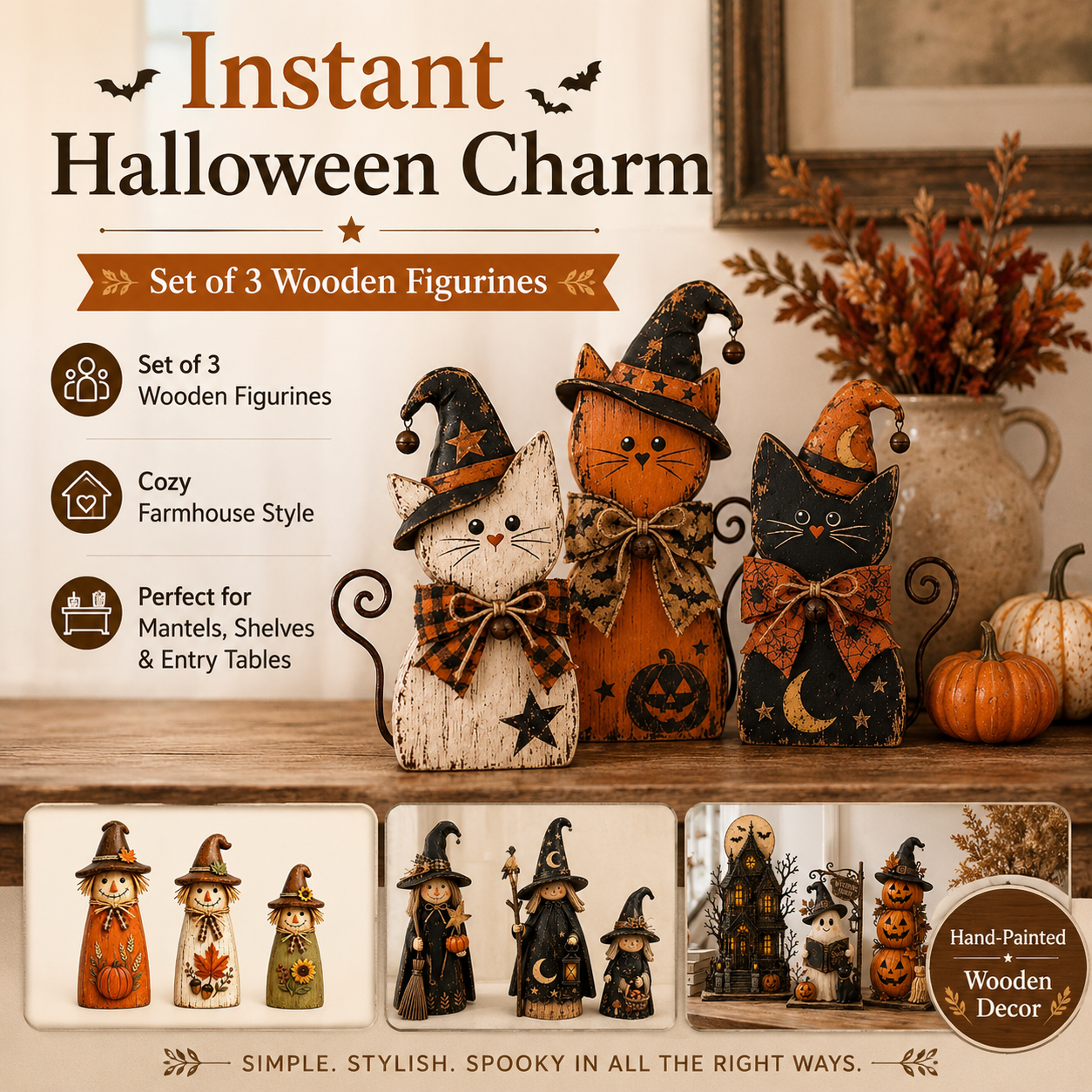🎃3-Piece Rustic Halloween Wooden Figurine Set