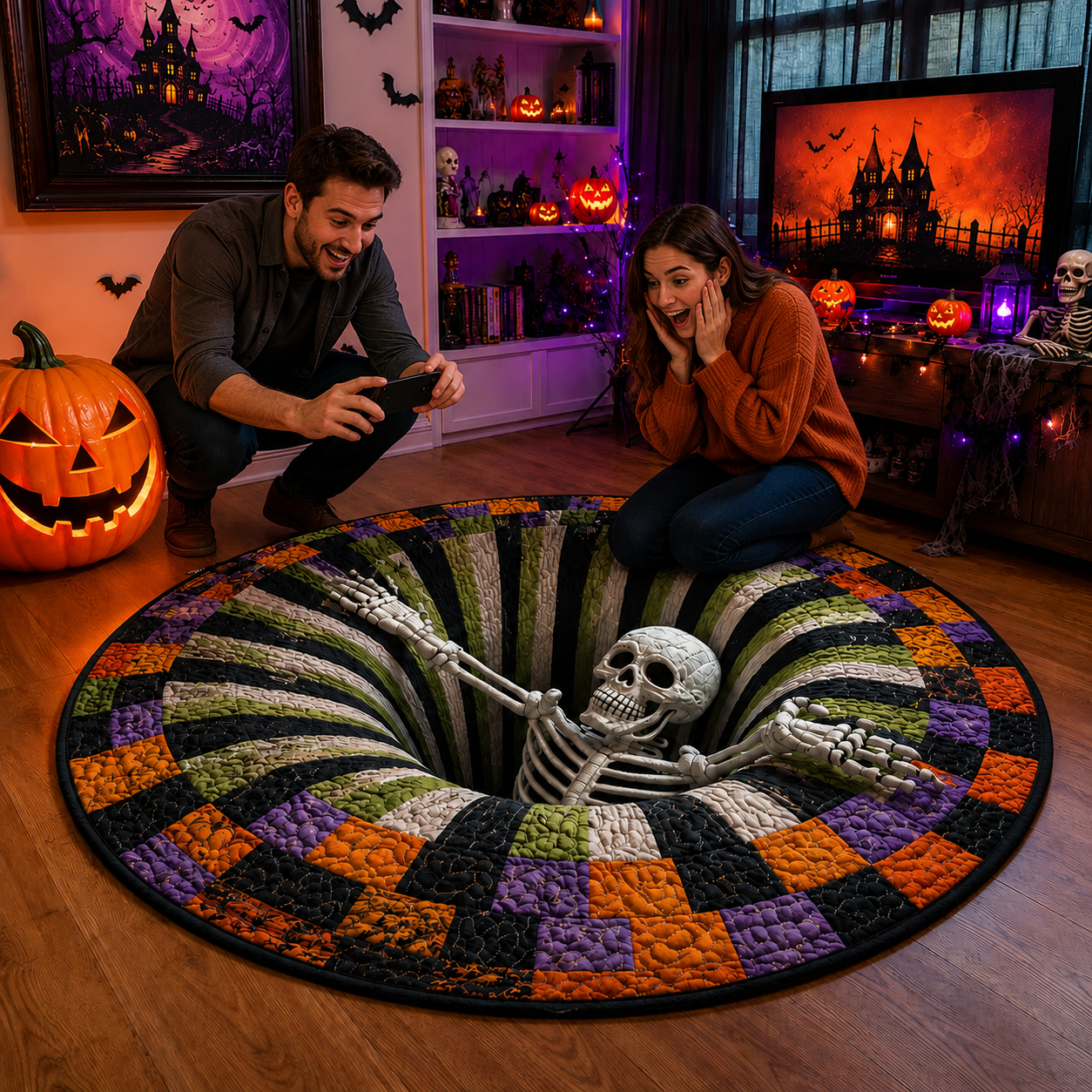 ⏰LAST DAY SALE🔥3D Skeleton Vortex Quilted Round Halloween Rug