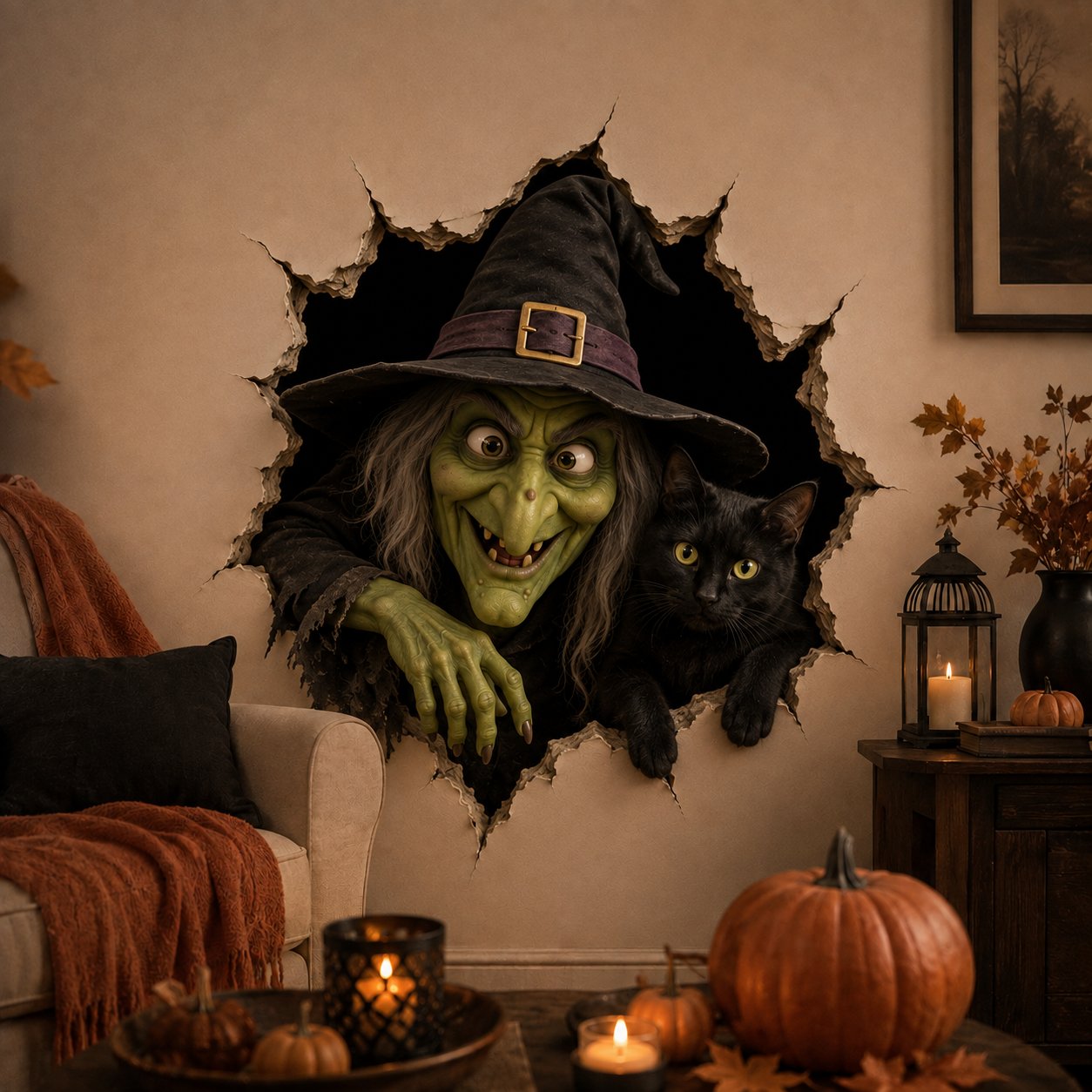 Halloween break-in 3D wall decal - Witch Black Cat