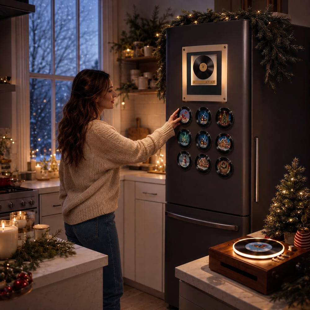 Retro NFC Vinyl Christmas Refrigerator Magnet Light-Up Spinning Decor for Holiday Home & Christmas Gift