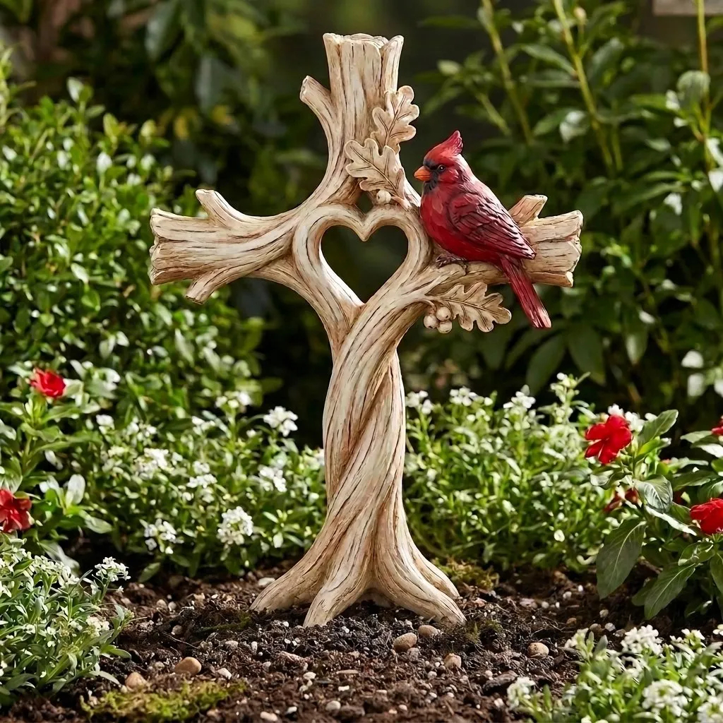 Carved Solid Wood Cardinal Heart Tree Cross