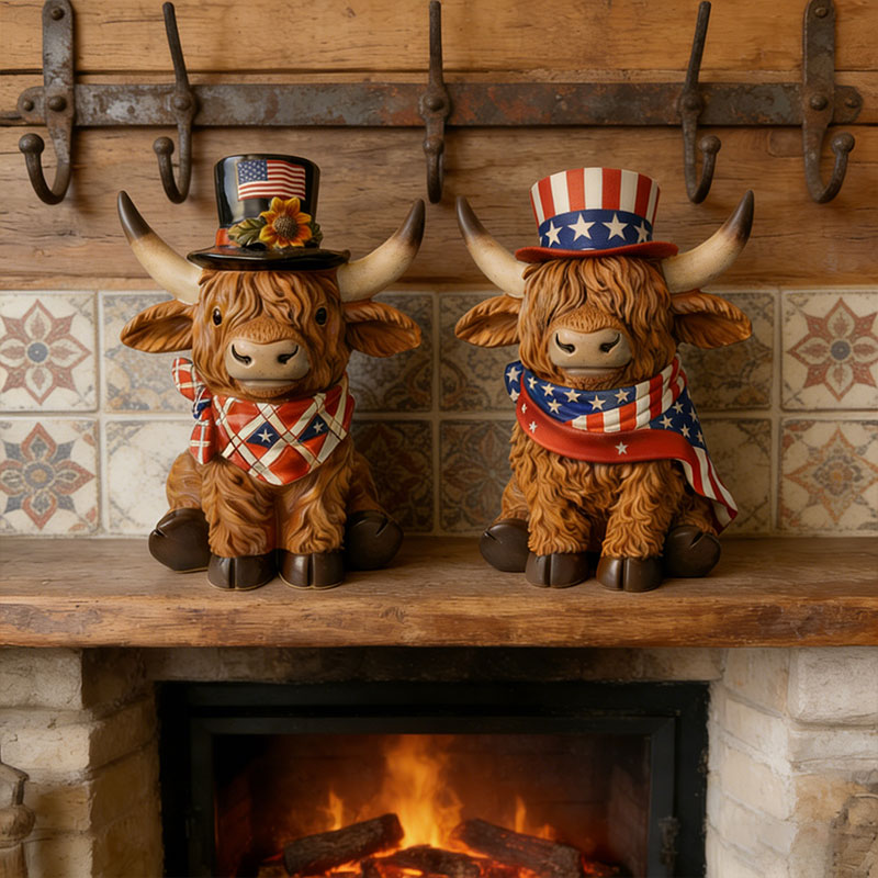 🐂 Patriotic Highland Cow Figurine Set – 250th Anniversary Tribute 🇺🇸✨