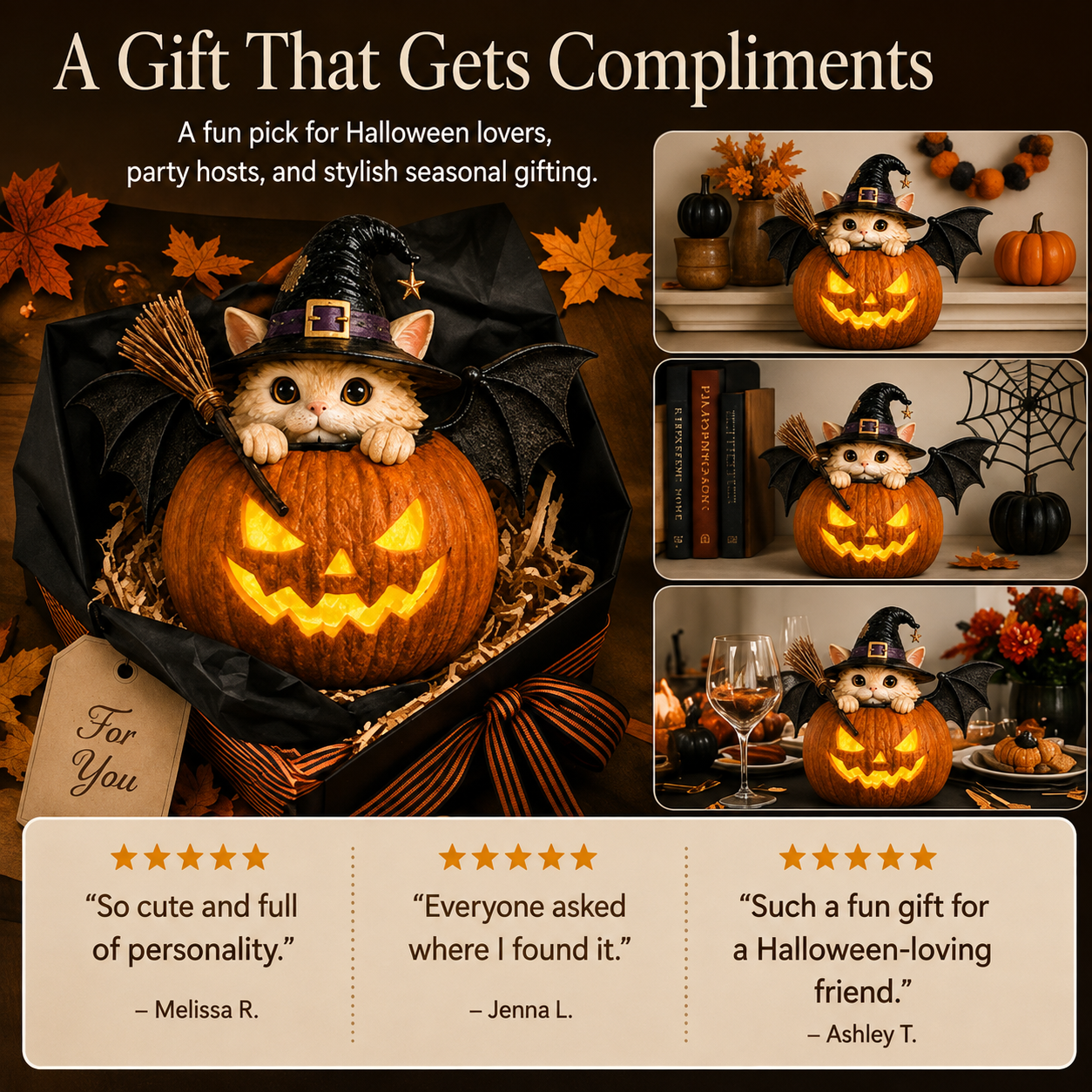 Cute Spooky Lighted Witch Cat Pumpkin Decor