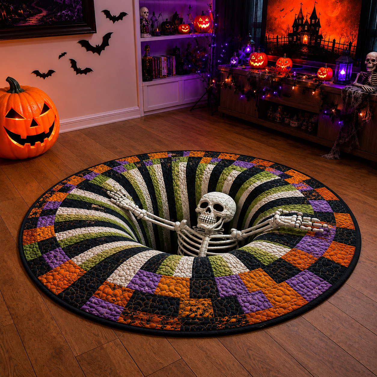⏰LAST DAY SALE🔥3D Skeleton Vortex Quilted Round Halloween Rug