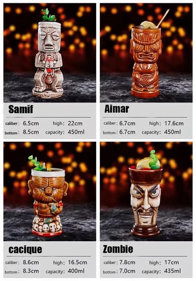 Tiki Bar Mugs for Cocktails, Premium Tropical Cups Drinks for Exotic Party