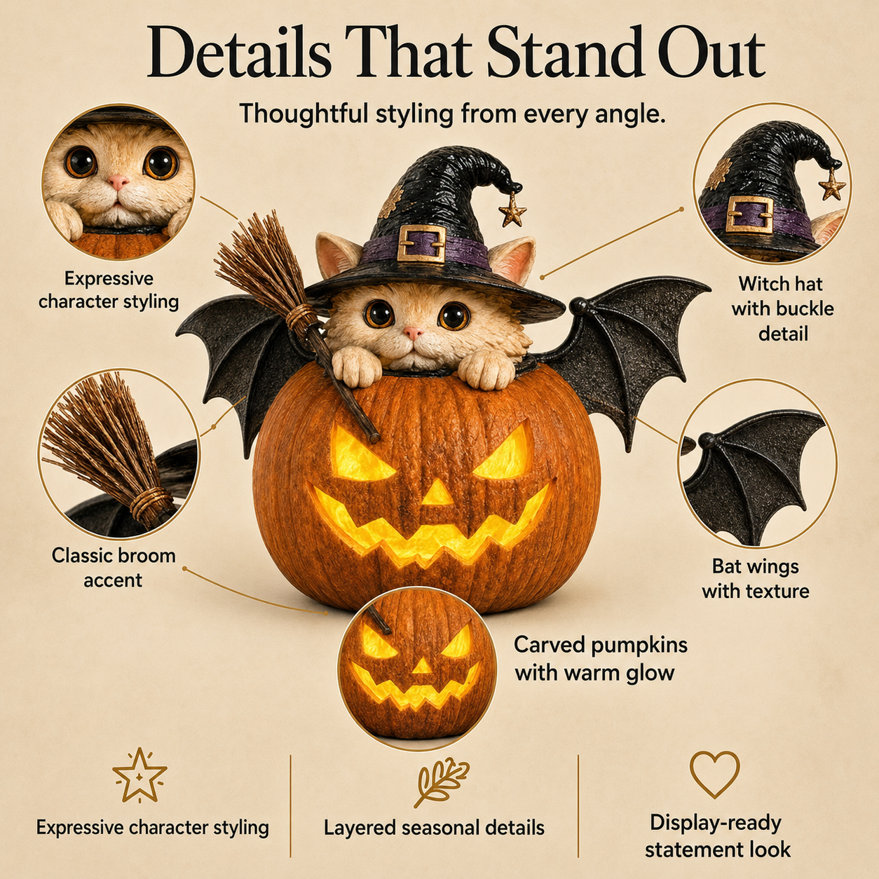 Cute Spooky Lighted Witch Cat Pumpkin Decor