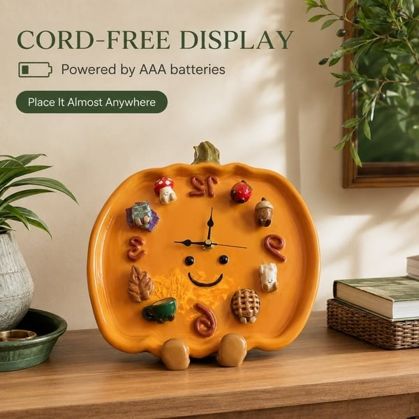 🎃 Cozy Harvest Pumpkin Clock | Semi-Handcrafted 3D Autumn Details, Rearrangeable Charms & Cord-Free Tabletop Display 🍂✨