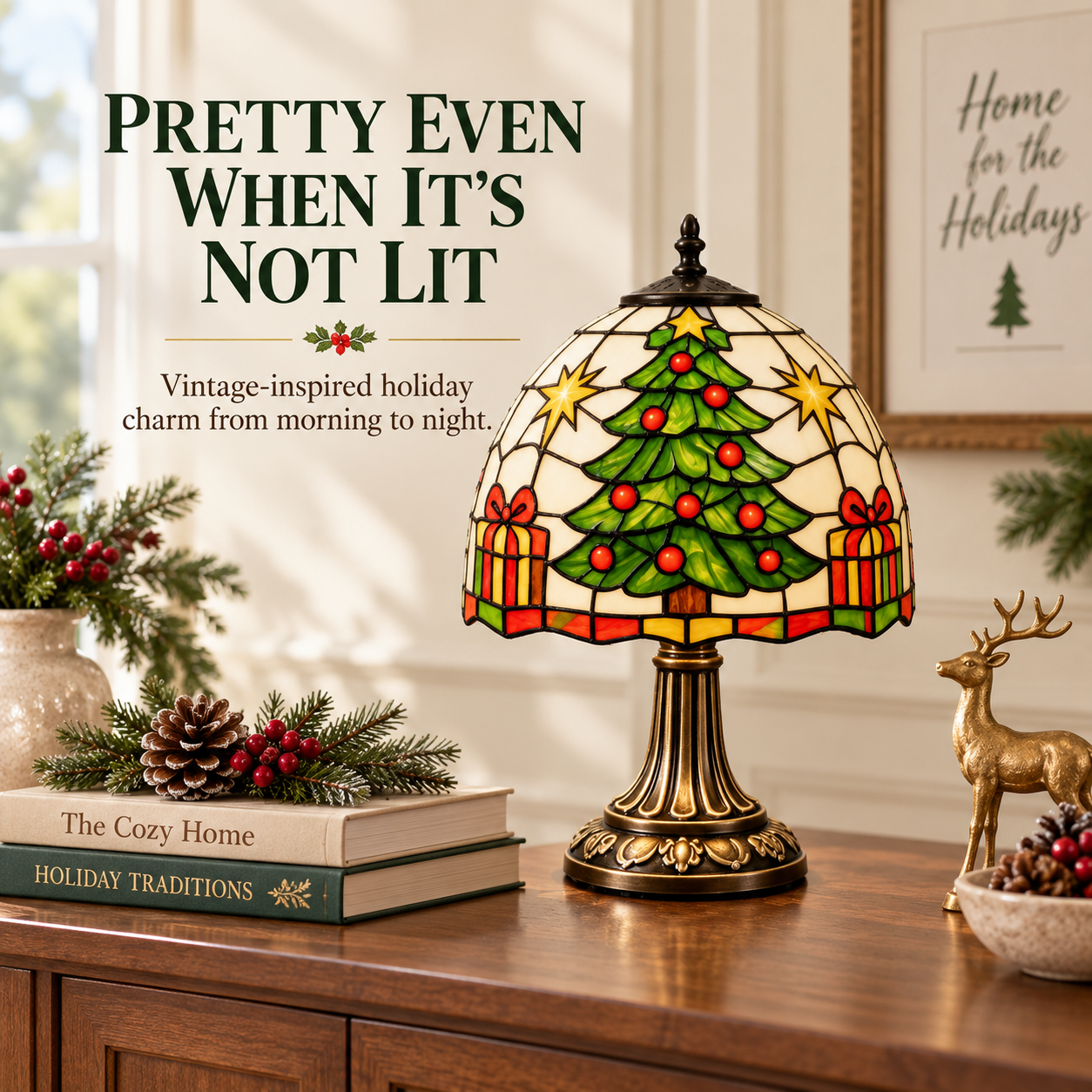 Vintage Christmas Tree Stained-Glass Style Table Lamp