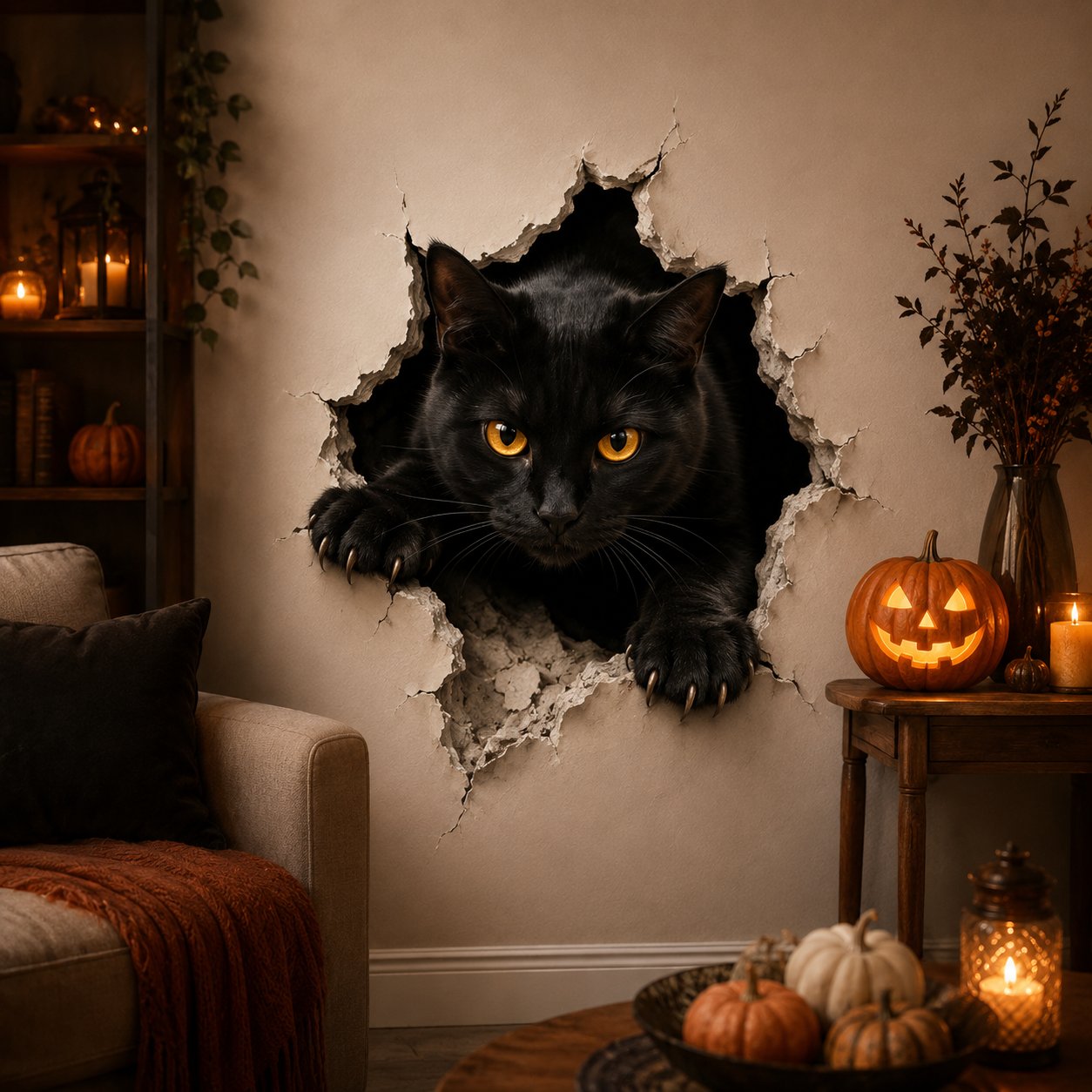Halloween break-in 3D wall decal - Black Cat